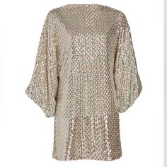 Brand New With Tags 100% Silk Viscose Lining Boat Neck Three-Quarter Length Sleeves, Cascading Puffed Detail Pullover Style Embellished Throughout Lined Chic Metallic Festive Dresses, Chic Festive Metallic Dresses, Chic Metallic Dresses For Festive Occasions, Metallic Long Sleeve Dress For Festive Season, Metallic Long Sleeve Dress For Festive Occasions, Elegant Metallic Sequin Dress For Festive Occasions, Elegant Metallic Mini Dress For Festive Occasions, Elegant Festive Metallic Mini Dress, Rhode Skin