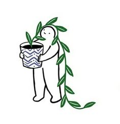 a drawing of a man holding a potted plant with green leaves on the side