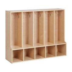 a wooden cubby with six compartments and hooks on the bottom one section is empty