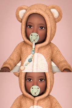 two identical images of a baby in a teddy bear outfit with a pacifier to her mouth