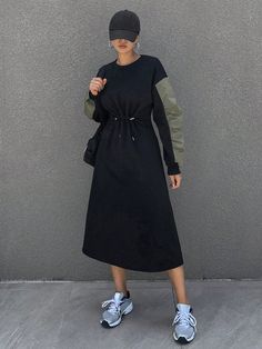 Women Contrast Color Hoodie Patchwork Design Drawstring Long Sleeve Dress Black Casual  Wrist-Length Sleeve Knitted Fabric Colorblock,Plain A Line Non-Stretch Fall Women Clothing, size features are:Bust: ,Length: ,Sleeve Length: Hoodie Patchwork, Punk Woman, Silk Stockings, Black Long Sleeve Dress, Patchwork Designs, Kids Beachwear, Womens Midi Dresses, Long Sleeve Casual, Active Wear For Women