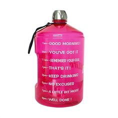 a pink water bottle with the words good morning on it