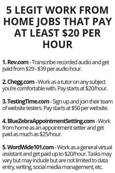 an advertisement for the 5 legit work from home jobs that pay at least $ 20 per hour