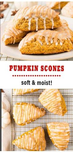 pumpkin scones on a cooling rack with frosting