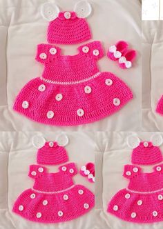 crocheted baby dress and hat with matching hair clips