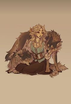 a woman sitting on the ground with two wolfs in her lap and one dog standing behind her