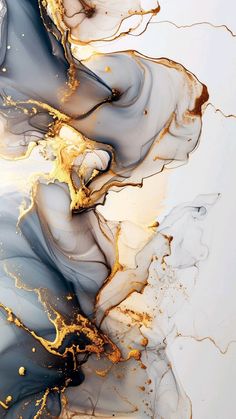 an abstract painting with gold and blue colors on it's surface, as well as water