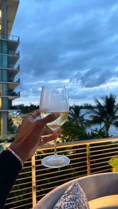 a person holding up a wine glass in front of a balcony overlooking the ocean at dusk