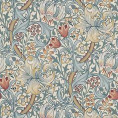 an intricately designed wallpaper with flowers and leaves in blue, red, yellow and white