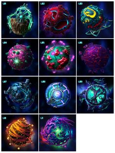 several different types of balls with lights on them