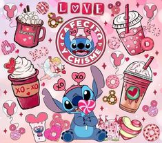 an image of some cartoon characters with drinks and donuts in the background that says love