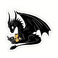 a sticker with a black dragon sitting on top of it's back legs