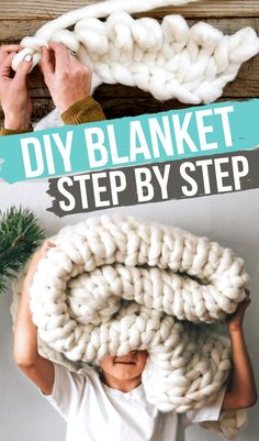 a person holding up a blanket over their head with the words diy blanket step by step