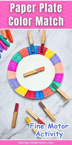 the paper plate color match game is shown with crayons and paint sticks on it