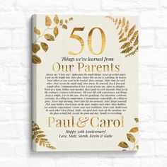 a 50th anniversary card with gold foil leaves and the words 50 things we learned from our parents