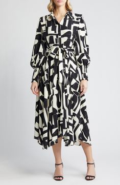 This bold midi features an artistic abstract print, smocked cuffs and a handkercheif hem that create a flowy silhouette with definition in the right places. 49" length (size Medium) Hidden-button placket Spread collar Long sleeves with smocked cuffs Tie belt Partially lined 100% polyester Hand wash, dry flat Imported Chic Flowy Midi Dress With Abstract Print, Chic Abstract Print Midi Dress For Fall, Chic Midi Dress With Abstract Print For Fall, Chic Fall Midi Dress With Abstract Print, Belted Midi Dress, Favorite Daughter, Maternity Shops, Cut Out Design, Designer Clothes For Men