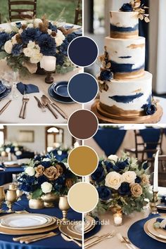 a wedding cake with blue and white flowers on the top is surrounded by gold plates