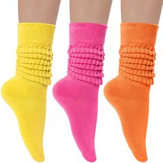 PRICES MAY VARY. 【FASHION STYLE】Slouch socks for women and girls with combination of vintage and trendy design in classic and vibrant colors. These slouchy socks is about 40cm/15.7inch long from top to heel, can be worn slouched and down around ankle as scrunchy socks, or pulled up as a knee high socks 【Comfy to Wear】Plenty stretch for added comfort, no binding feeling when wearing, double-thick sole with reinforced heels and toes. Various wearing ways and the medium thickness make these socks s Scrunchy Socks, 80s Socks, Slouchy Socks, Big Calves, Slouch Socks, Comfy Socks, Sunflower Shirt, Socks For Women, Womens Tops Summer