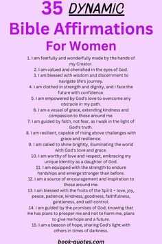 a pink poster with the words 35 dynamic bible affirmationss for women