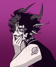 a drawing of a man with horns on his head talking on a cell phone in front of a purple background