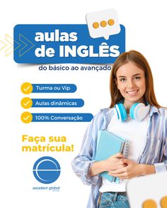 a woman holding a book and headphones in front of a sign that says aulas de ingles