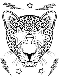 a black and white drawing of a leopard's face with stars on it,