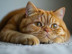 an orange cat laying on top of a white carpet next to a wall and looking at the camera