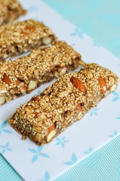 granola bars are lined up on a plate