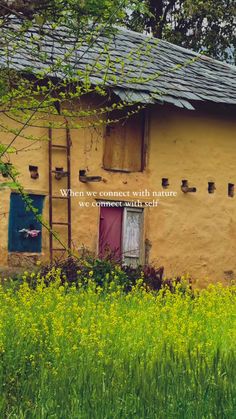 an old yellow house with green grass and flowers