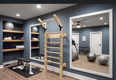 a gym with exercise equipment and mirrors in the wall, as well as an exercise bench