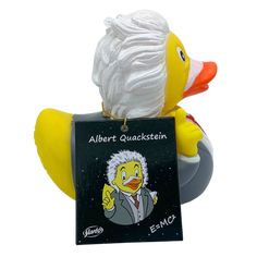 a rubber duck with a sign that says albert quacksten