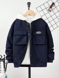 Tween Boy's Casual Jacket Suitable For Commuting, School, Daily Leisure, Sports, Autumn/Winter Season Navy Blue Casual  Long Sleeve Knitted Fabric Colorblock,Letter Other Medium Stretch  Tween Boys Clothing, size features are:Bust: ,Length: ,Sleeve Length: