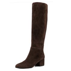 These boots with almond toe and straight shaft are your perfect ally from morning till night. They are set on a 5.5 cm block heel that provides just a little of lift without compromising on your comfort. Our style advice? During the day wear them with a skinny jeans and a blazer, for the evening match them a short velvet mini dress. Choose the calf circumference and height that best fit you, click the button above to get to know how to correctly measure your calf. Details: Fine suede leather upp Luxury Boots, Mid Heel Boots, Womens Suede Boots, Velvet Mini Dress, Brown Suede Boots, Velvet Boots, Wide Calf Boots, Wide Calf, Mini Velvet Dress