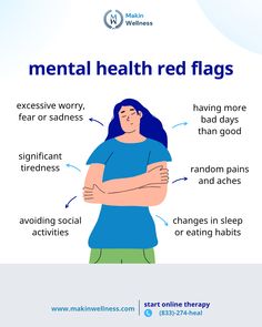 Mental health red flags 😞  If you notice any of these mental health red flags, remember you're not alone. Reach out for support from Makin Wellness and let's navigate it together 💙  Contact our care team today to start your online therapy journey 👇 ☎️ Call (833)-274-heal  📧 Email info@makinwellness.com  #onlinetherapy #anxietytherapy #virtualtherapy #mentalhealthcounseling #psychologytoday #anxietysupport #depressionhelp #traumarecovery #ptsdsupport #griefsupport #adhdawareness Mental Health Counseling, You're Not Alone, Red Flags, Red Flag