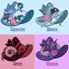 four hats with the words aquarius and zodiacs written in different languages on them