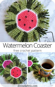 crocheted watermelon coaster pattern with coffee cup and saucer in the center