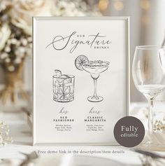 a white card with an image of cocktails on it and the text, our signature drink