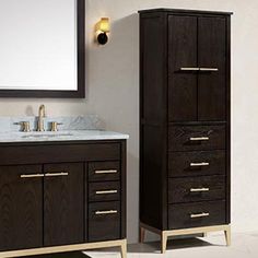 a bathroom vanity with two drawers and a mirror on the wall next to each other