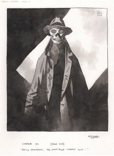 a drawing of a skeleton wearing a hat and coat