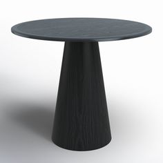 a round table with black wood grain on the top and bottom, standing in front of a white background