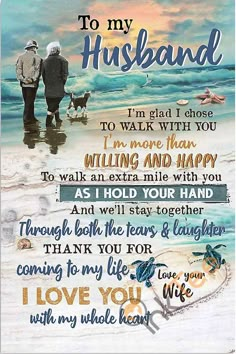 to my husband on the beach with his dog