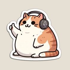 an orange and white cat with headphones sticker on it's face, sitting down