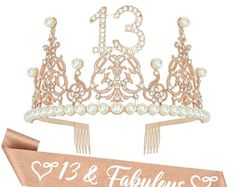 a tiara and ribbon with the number thirteen and two pearls