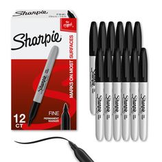 sharpie fine permanent markers and marker pen set with sharpener, black ink on white background