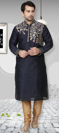 Blue color Kurta Pyjamas in Dupion Silk fabric with Embroidered, Thread work Blue Floral Embroidery Kurta For Diwali, Blue Floral Embroidered Kurta For Diwali, Blue Long Sleeve Traditional Wear With Dori Work, Blue Art Silk Sets With Embroidered Border, Blue Art Silk Kurta With Dori Work, Blue Art Silk Kurta With Long Sleeves, Blue Long Sleeve Art Silk Kurta, Blue Embroidered Art Silk Kurta, Blue Art Silk Sets With Long Sleeves