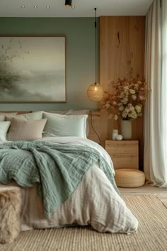 a bedroom with green walls and white linens on the bed, along with a painting above the bed