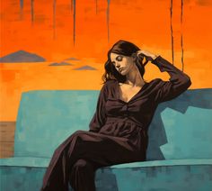 a painting of a woman sitting on a couch in front of an orange sky and water