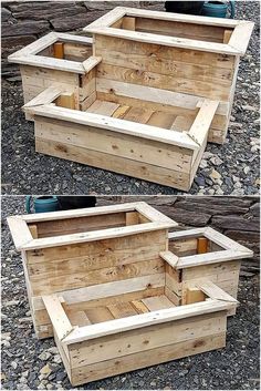 two wooden planters sitting next to each other on top of some gravel and rocks