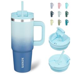 the blue cup is next to two cups with lids and spoons on it, all in different colors