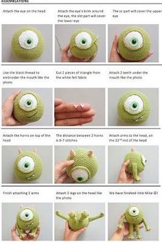 instructions to make an adorable green stuffed animal with big eyes and large googly eyes